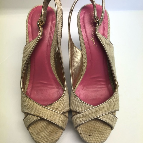 Lily Pulitzer gold canvas peep toe wedge heel 6.5 - Picture 4 of 6